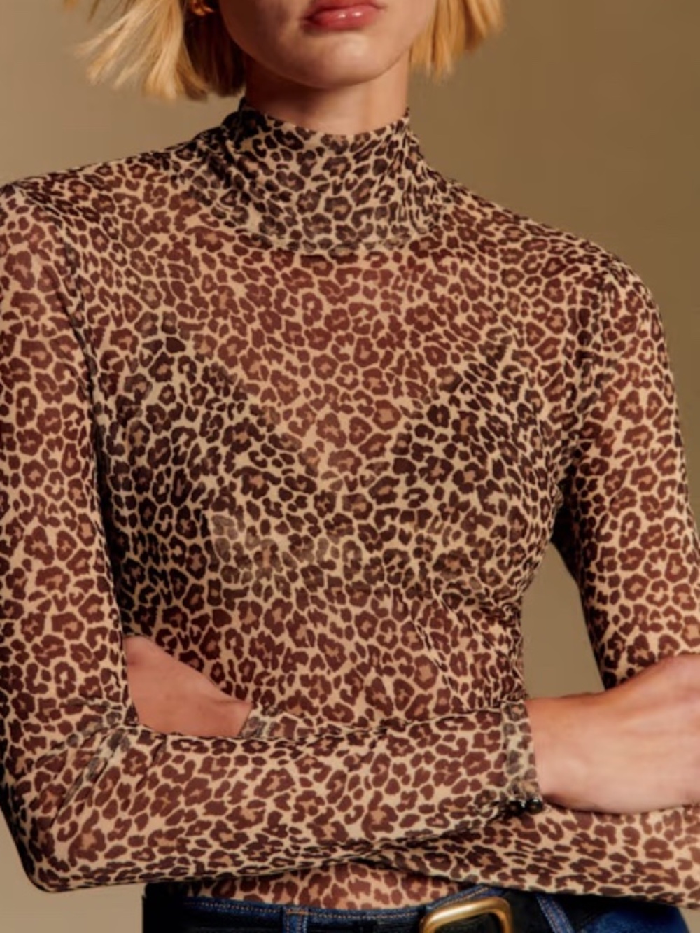 Tristan Vintage form-fitting mesh silhouette top, brown leopard print